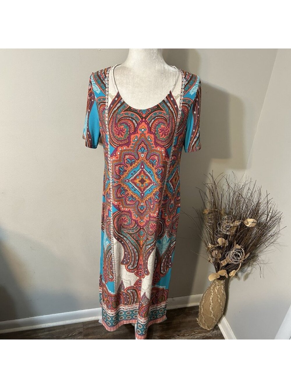 Chico’s Bohemian Medallion Paisley Jersey Midi Dress Women Multicolor Slit Sz MP